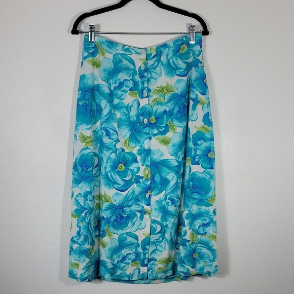 Y2K Vintage Button Front Floral Midi Skirt Size 12/M Blue Fairy Cottage Pockets - Picture 1 of 12